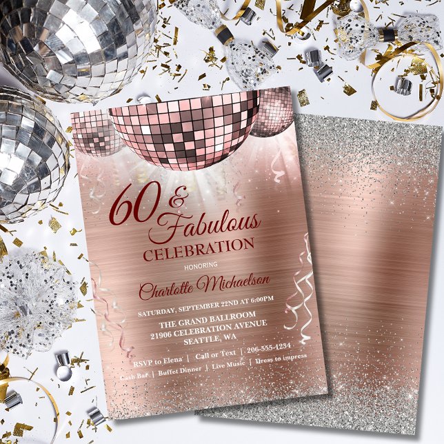 Invitation Rose Gold Parties scintillant Glam 60e Anniversair (Rose Gold Glitter Glam 60th Birthday Disco Ball Invitation)
