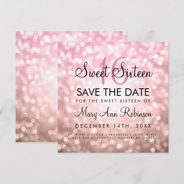 Invitation Rose Gold Parties scintillant Lights Sweet 16 Enre (Devant / Derrière)