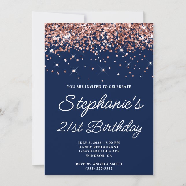 Invitation Rose Gold Parties scintillant Midnight Blue 21e an (Devant)