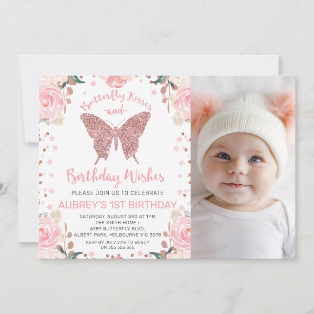 Invitation Rose Gold Parties scintillant Photo Bisous à papil (Devant)