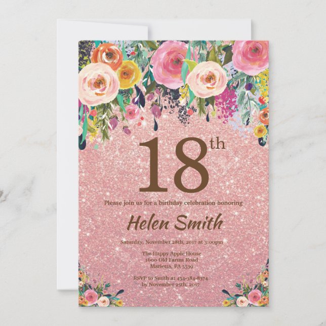Invitation Rose Gold Parties scintillant Pink Floral 18e anni (Devant)