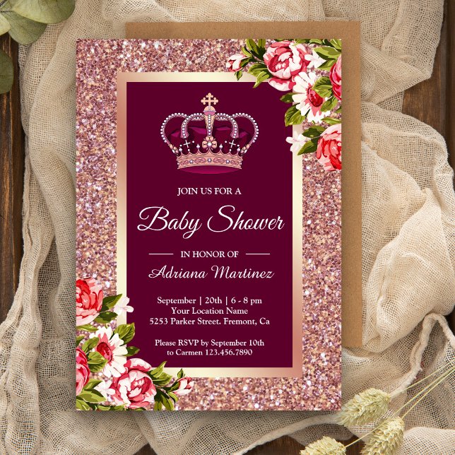 Invitation Rose Gold Parties scintillant Princess Pink Floral (Créateur téléchargé)