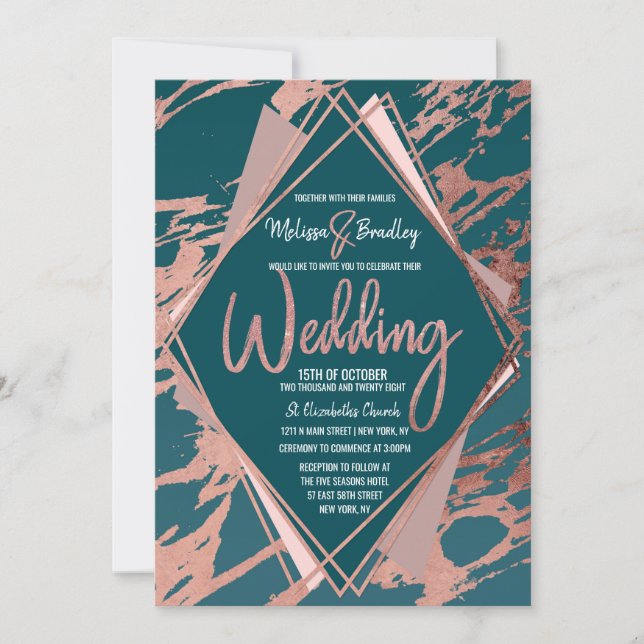 Invitation Rose Gold Peacock Turquoise Marbre Diamant Mariage (Devant)