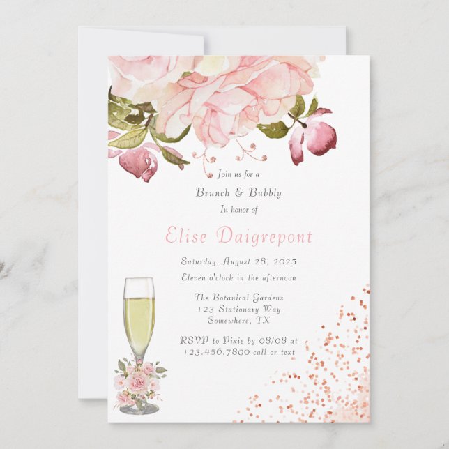 Invitation Rose Gold Peony Flowers Parties scintillant Brunch (Devant)