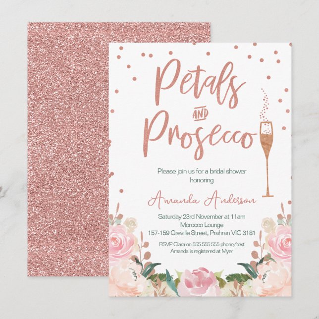 Invitation Rose Gold Petals Prosecco Fête des mariées (Devant / Derrière)