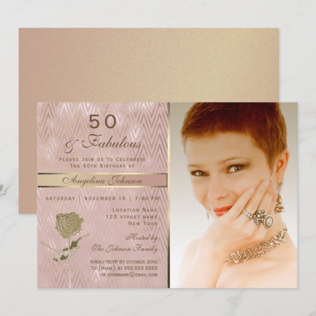 Invitation Rose Gold Photo 50e anniversaire (Devant / Derrière)