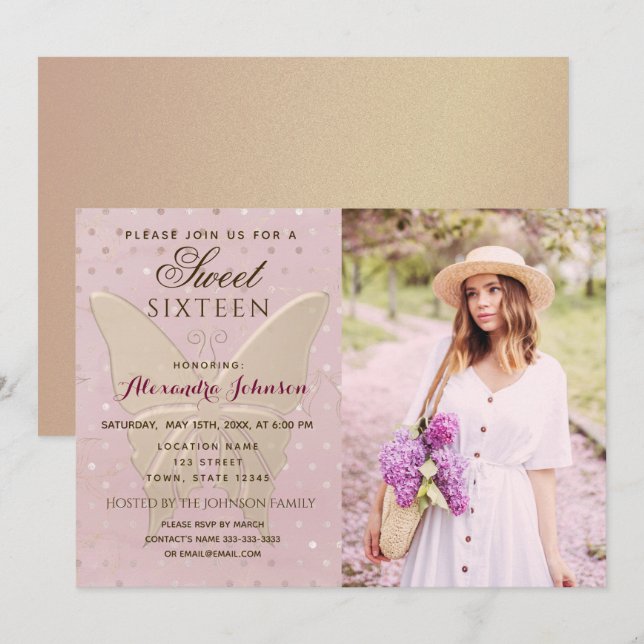 Invitation Rose Gold Photo Sweet 16 Anniversaire (Devant / Derrière)