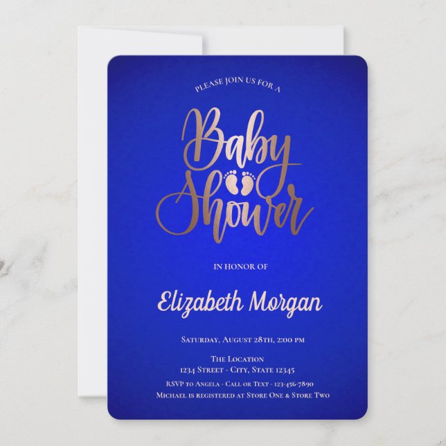 Invitation Rose Gold Pieds bébé Baby shower bleu royal (Devant)