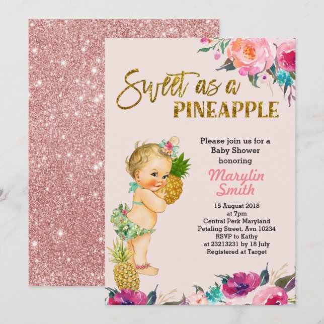 Invitation rose Gold Pineappy Baby shower (Devant / Derrière)