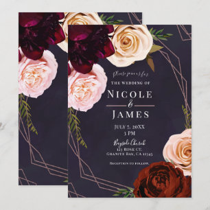 Invitation Rose Gold Pourpre Moderne Rustique Floral Mariage