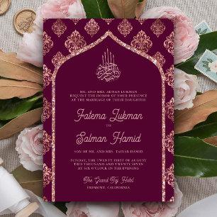 Invitation Rose Gold Pourpre Prune Damassé Arc Mariage Musulm