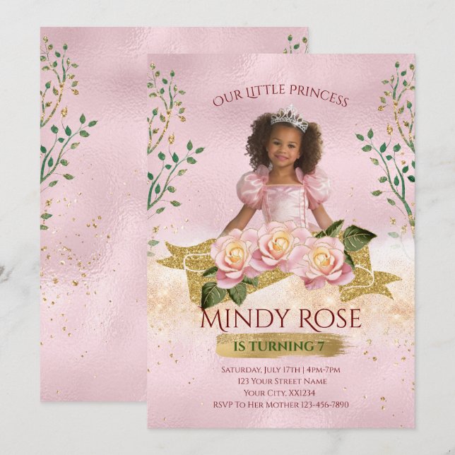Invitation Rose Gold Princess Anniversaire de enfant Invitati (Devant / Derrière)