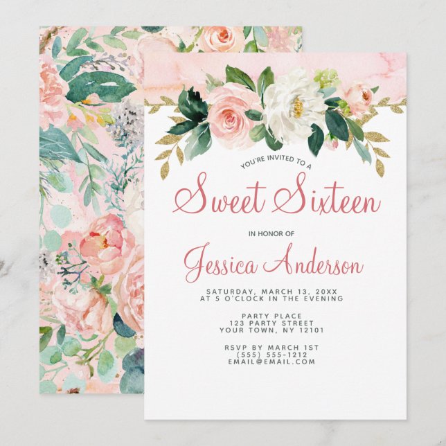 Invitation Rose Gold Princess Floral Sweet sixteen (Devant / Derrière)