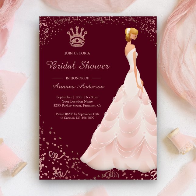 Invitation Rose Gold Princesse robe Bourgogne Fête des mariée (Créateur téléchargé)