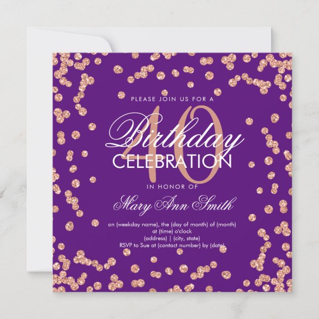 Invitation Rose Gold Purple Parties scintillant Confetti 40e  (Devant)