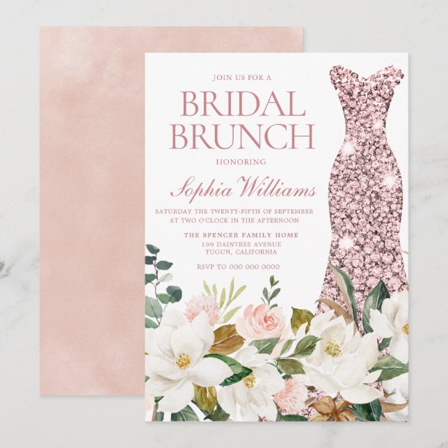 Invitation Rose Gold Robe Blush Fête des mariées blanche Brun (Devant / Derrière)