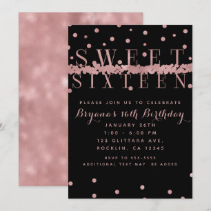 Invitation Rose Gold Rose et Noir Fête Moderne de 16 ans Glam