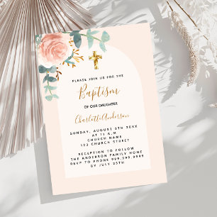 Invitation Rose gold rose florale fille croix Baptême