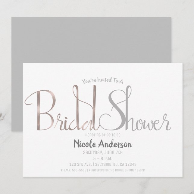 Invitation Rose Gold Rose & Gris Script Fête des mariées mode (Devant / Derrière)