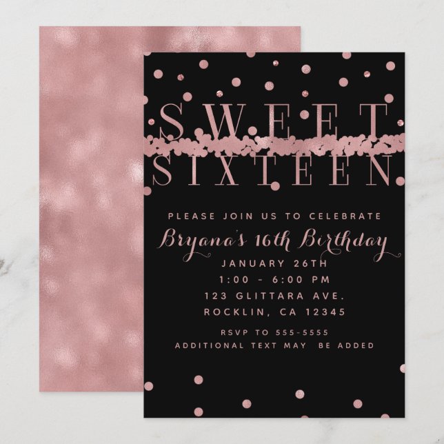 Invitation Rose Gold Rose & Noir Glam moderne Sweet 16 Party (Devant / Derrière)
