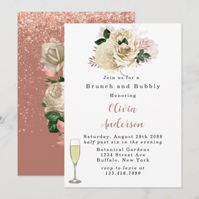 Invitation Rose Gold Rose Parties scintillant Brunch et Bubbl (Devant / Derrière)
