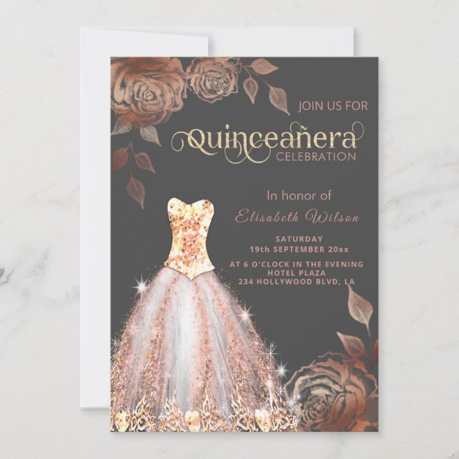 Invitation Rose Gold roses paillettes tendance robe Quinceañe (Devant)