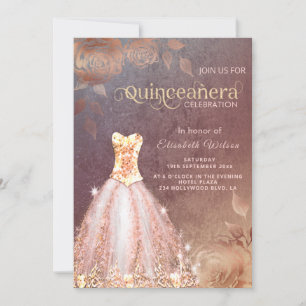 Invitation Rose Gold roses paillettes tendance robe Quinceañe