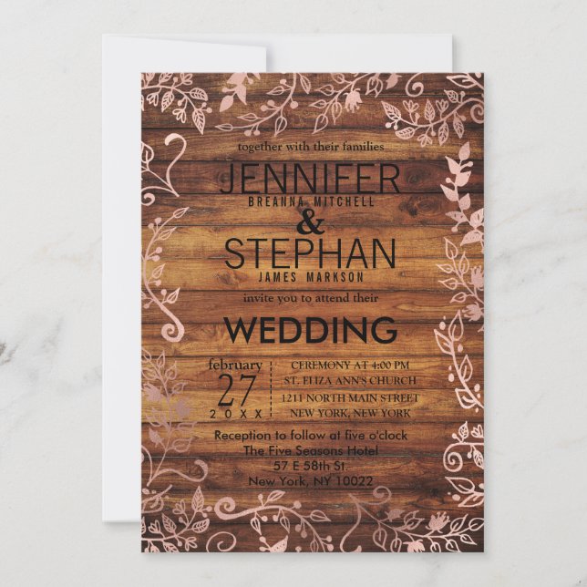 Invitation Rose Gold Rustic Country Bois Floral Mariage (Devant)