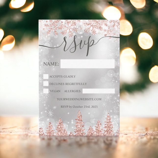 Invitation Rose gold sapin neige marine Noël hiver rsvp (Rose gold snow pine navy Christmas winter rsvp Invitation)