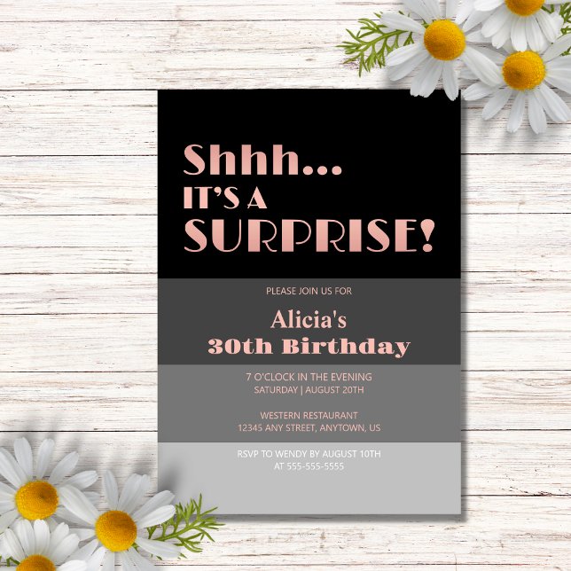 Invitation Rose Gold Script Black Stripes Surprise Anniversai (Créateur téléchargé)