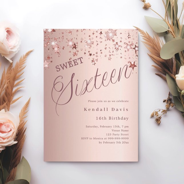 Invitation Rose gold script stars modern Sweet 16 (Créateur téléchargé)