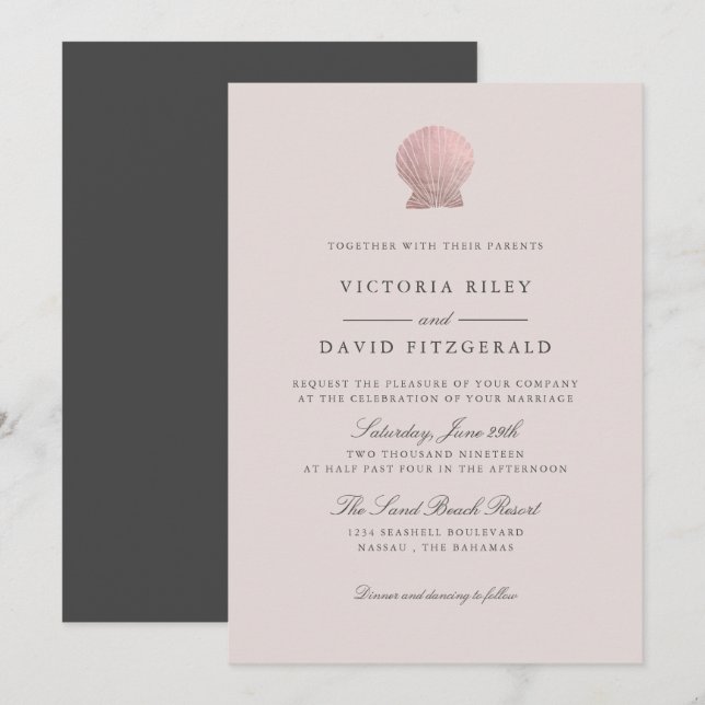 Invitation Rose Gold Seashell Elegant Ocean Beach mariage (Devant / Derrière)
