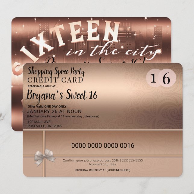 Invitation Rose Gold Shopping Spree City Limo Sweet 16 Party (Devant / Derrière)