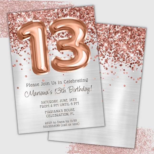 Invitation Rose Gold Silver 13e anniversaire de fête Invitati (Créateur téléchargé)