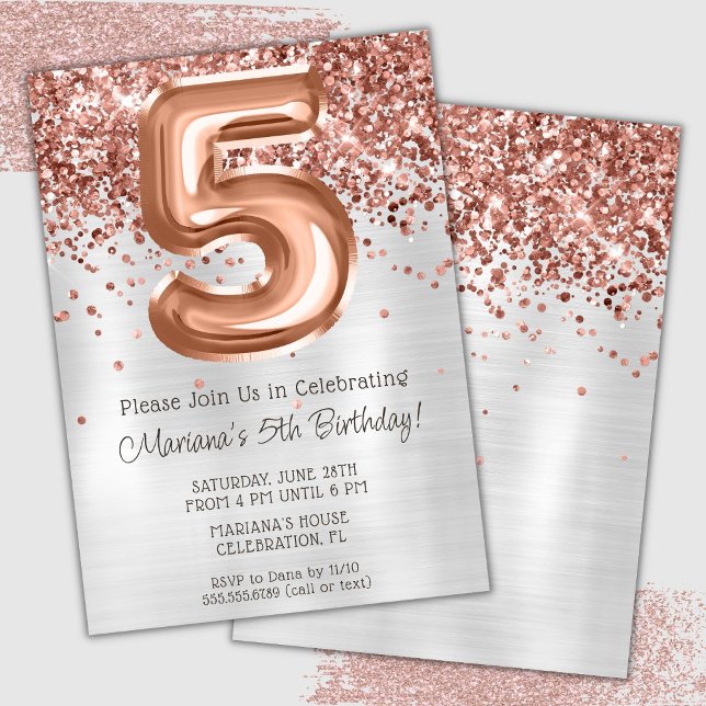Invitation Rose Gold Silver 5e anniversaire de fête Invitatio (Créateur téléchargé)