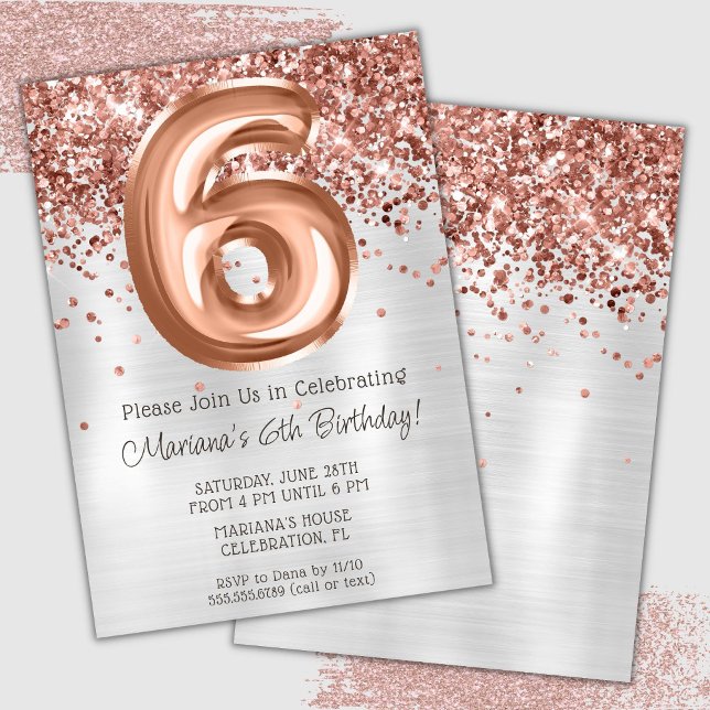 Invitation Rose Gold Silver 6e anniversaire de fête Invitatio (Créateur téléchargé)