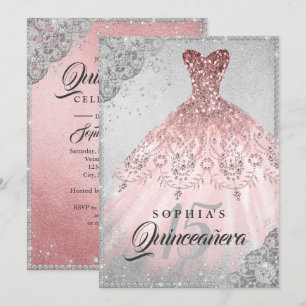 Invitation Rose Gold Silver Diamond Sparkle Gown Quinceanera