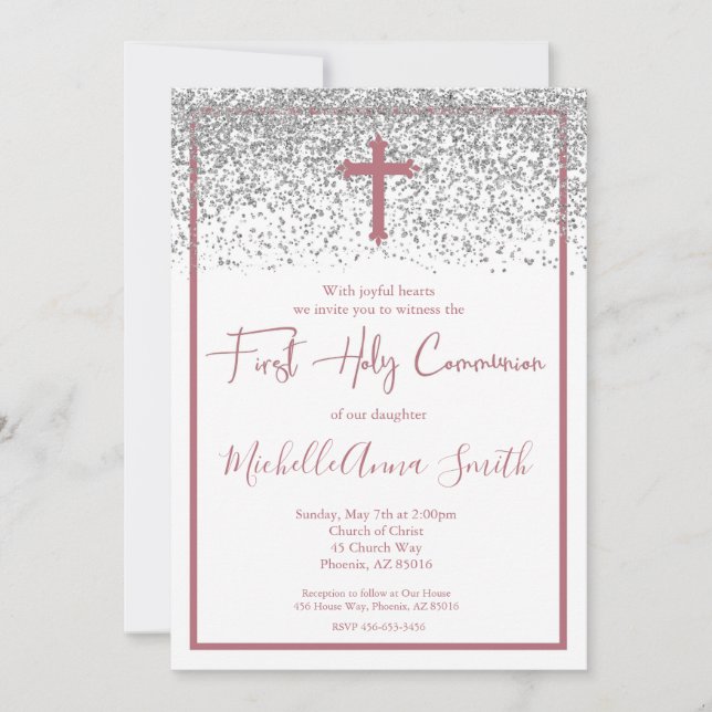 Invitation Rose Gold Silver Girl première sainte communion (Devant)