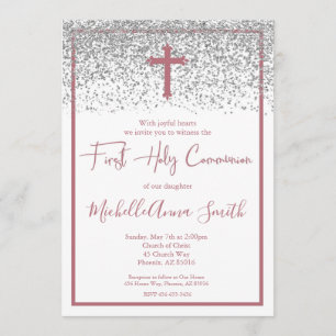 Invitation Rose Gold Silver Girl première sainte communion