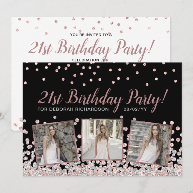 Invitation Rose Gold Silver Photo Collage 21e anniversaire (Devant / Derrière)