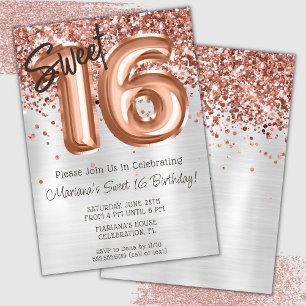 Invitation Rose Gold Silver Sweet 16 fête d'anniversaire