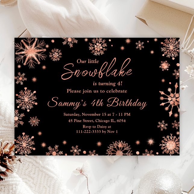 Invitation Rose Gold Snowflakes fête d'anniversaire (Créateur téléchargé)