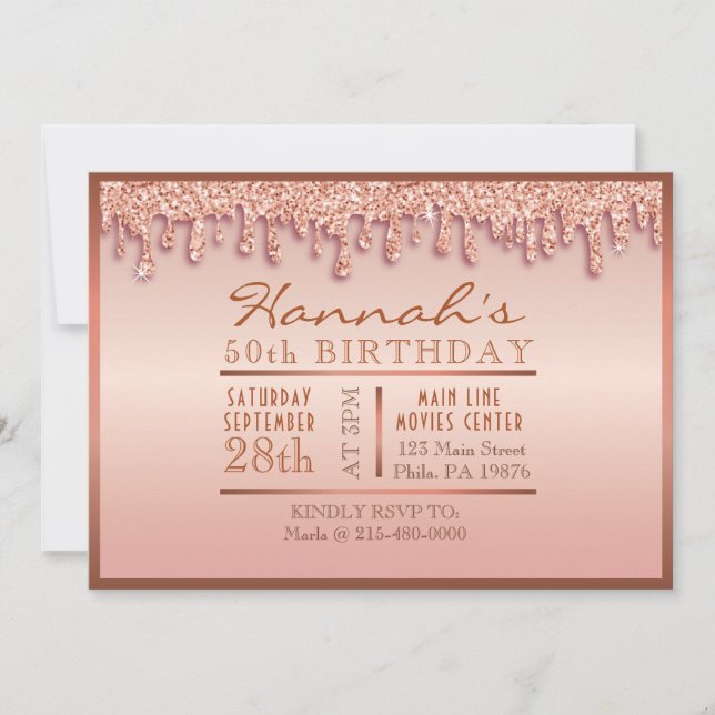 Invitation Rose Gold Sparkle Drippy Drip 50e fête d'anniversa (Devant)