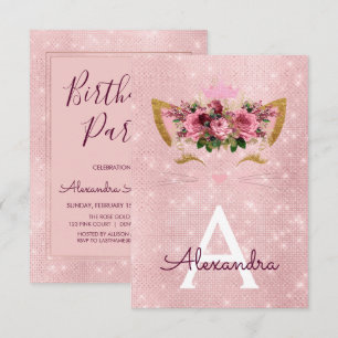 Invitation Rose Gold Sparkle Kitten Fille fête d'anniversaire