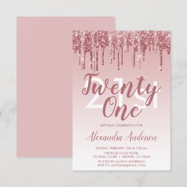 Invitation Rose Gold Sparkle Parties scintillant 21e fête d'a (Devant / Derrière)