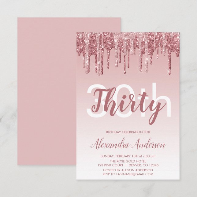 Invitation Rose Gold Sparkle Parties scintillant 30e fête d'a (Devant / Derrière)