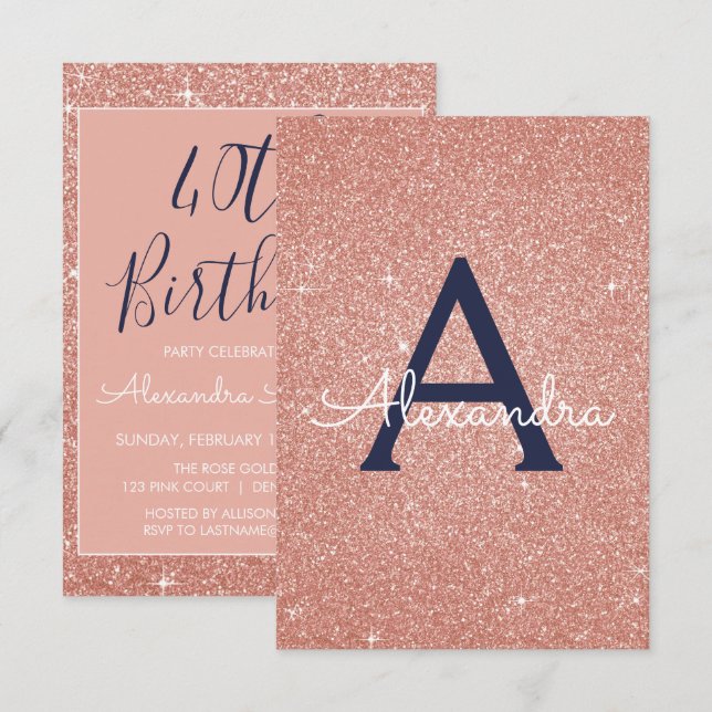 Invitation Rose Gold Sparkle Parties scintillant 40e fête d'a (Devant / Derrière)