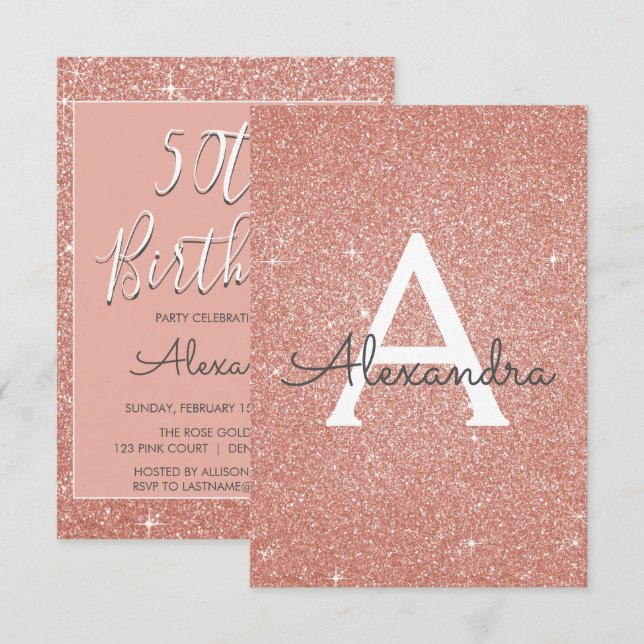 Invitation Rose Gold Sparkle Parties scintillant 50e fête d'a (Devant / Derrière)