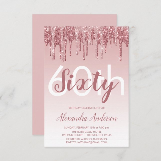 Invitation Rose Gold Sparkle Parties scintillant 60e fête d'a (Devant / Derrière)