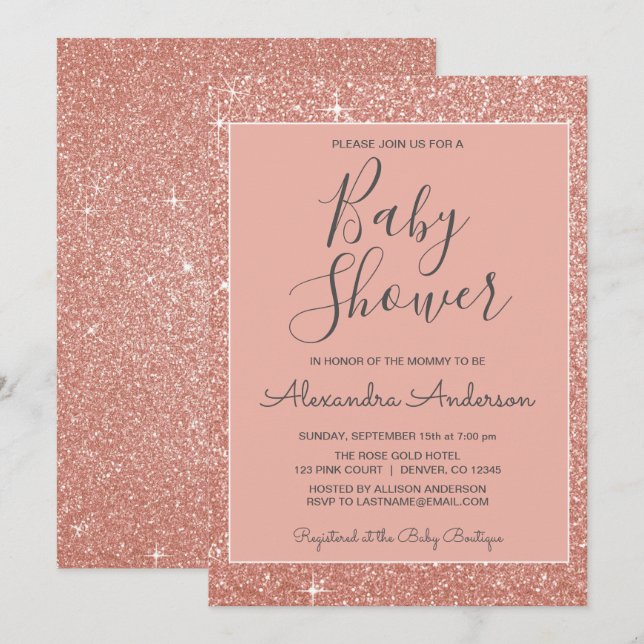 Invitation Rose Gold Sparkle Parties scintillant Baby shower  (Devant / Derrière)